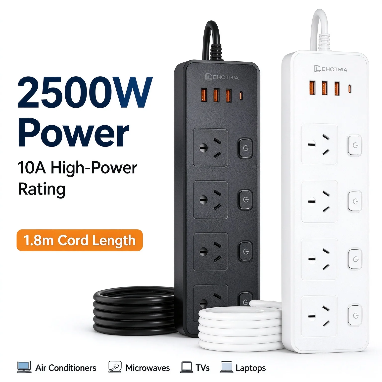 Power Strip 4 Outlets 4 USB Ports 2500W 10A Surge Protector 1.8M Extension Cord Individual Switches AU Plug Power Board for Home