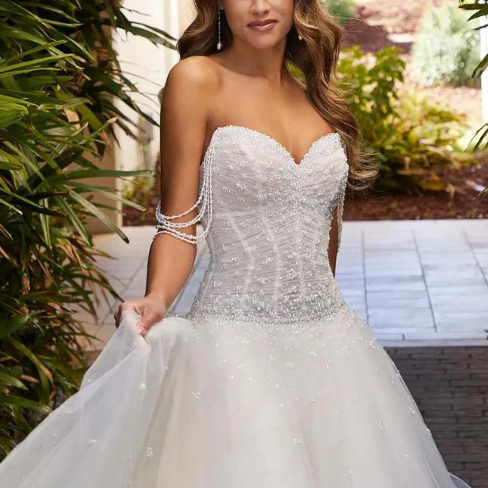 Customized Pearls Embellished Evening Dresses Beading Spaghetti Strap Tulle Soft Dress Pleated Button Back vestidos de novia