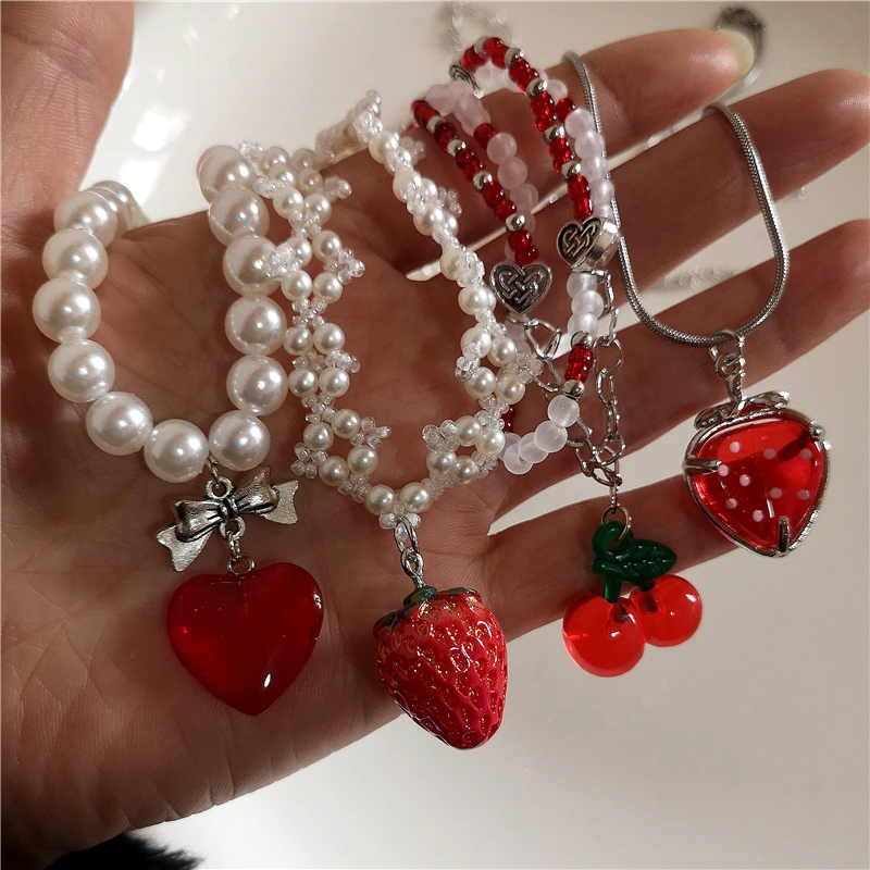 Goth Y2k Aesthetic Cherry Strawberry Pendant Pearl Beaded Necklace For Girl Vintage Cute Kawaii Charms EMO Jewelry Accessories