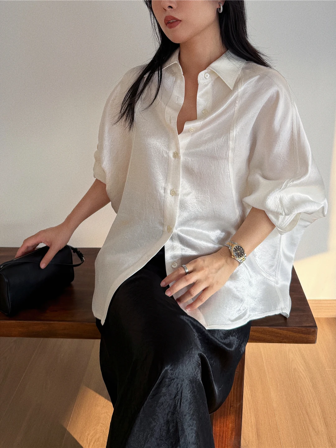 

AfuShopB Recommended Lazy Loose Feel Three-acetate Crepe Batwing Long Sleeve White Shirt French Style Loose Fit Sun Protection