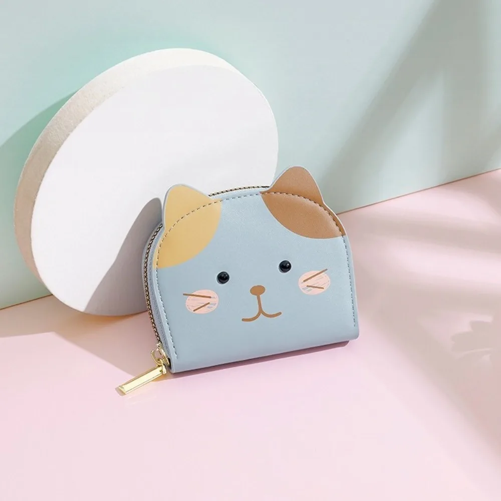 Portable Cartoon Cat Pattern Wallet PU Leather Zipper Short Coin Purse Multiple Card Slot Card Bag Small Card Holder School