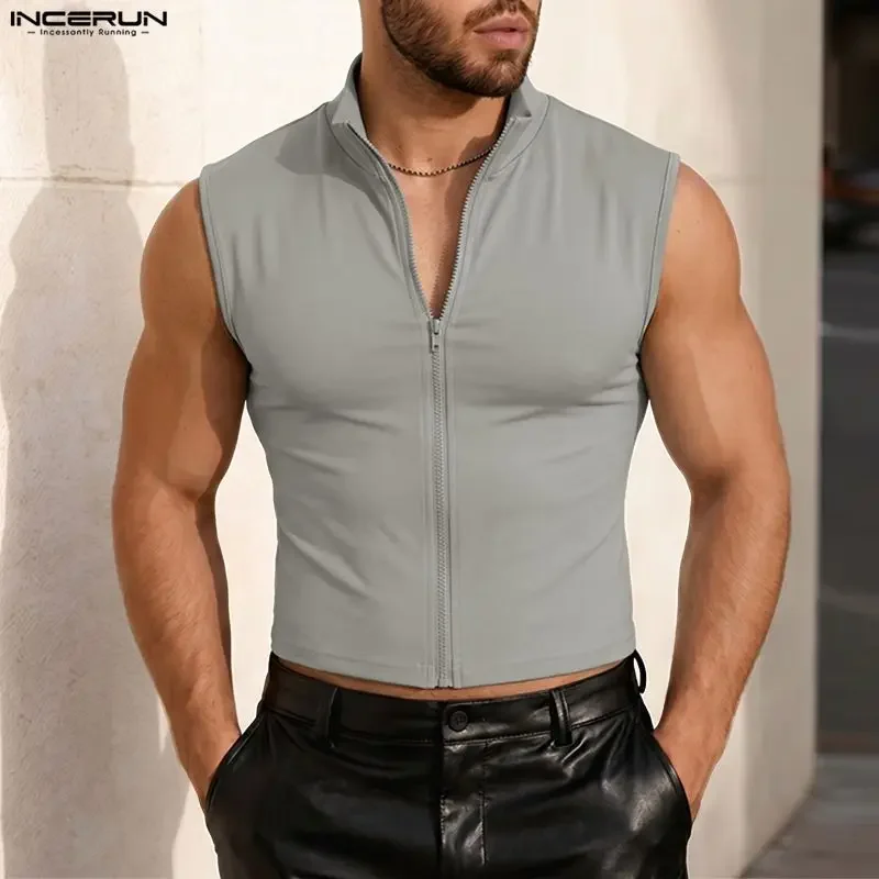 INCERUN Herren Tanktops Einfarbig mit Reißverschluss Stehkragen Ärmellose Männerwesten Streetwear Sommer 2026 Mode Lässige Crop-Tops für Herren
