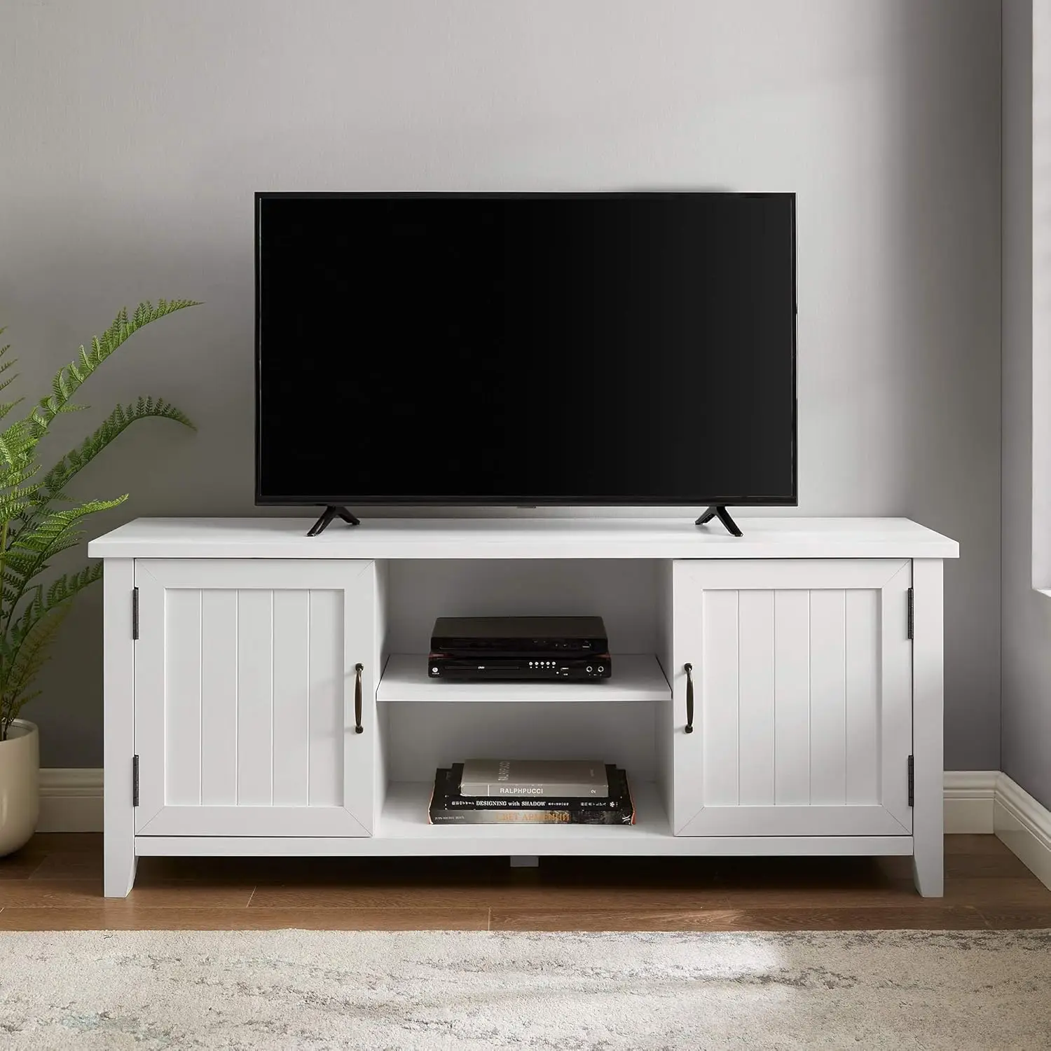 Buren Classic Grooved Door TV Stand for TVs up to 65 Inches, 58 Inch, Solid White