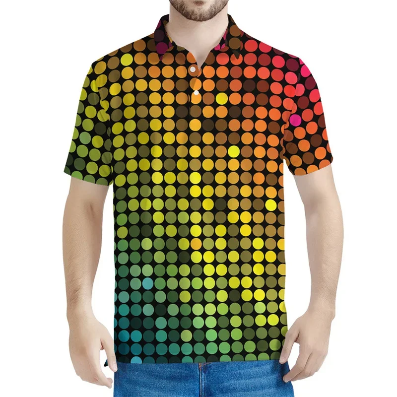 Colorful Disco Lights Graphic Polo Shirt Men Vintage 3D Printed T-Shirt Summer Street Short Sleeves Lapel Tops Loose Tee Shirts