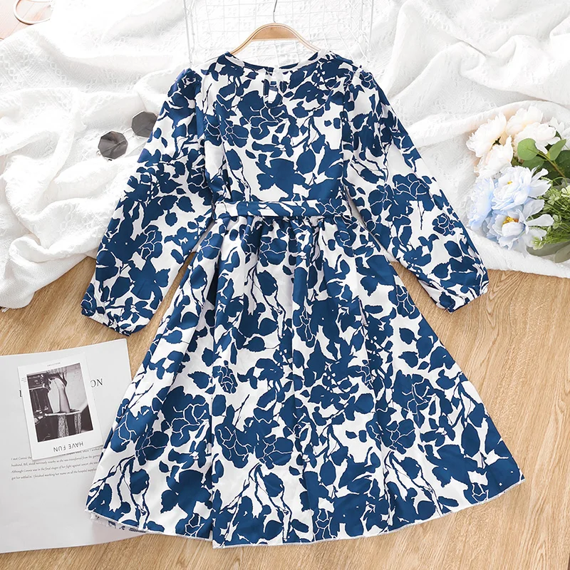 New Spring Autumn Kids Girl Dress Long Sleeves Blue O-Neck Dress + Belt 8-12 Years Old Fashion Princess Casual Kids Dresses