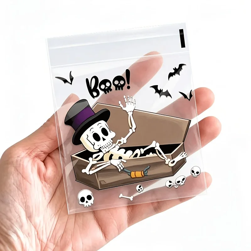 100 Stück kleine Halloween-Leckerlibeutel, transparente selbstklebende Süßigkeitentüten, Plastik-Kekstüten für Süßes oder Saures, Halloween-Geschenktüten – Detail 10