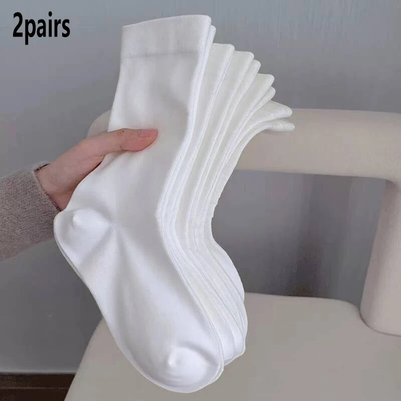 

2 Pairs Solid Mid Calf Socks Soft Sweat Absorbent Breathable Ins Casual Trendy Versatile Daily Stylish Ladies Socks