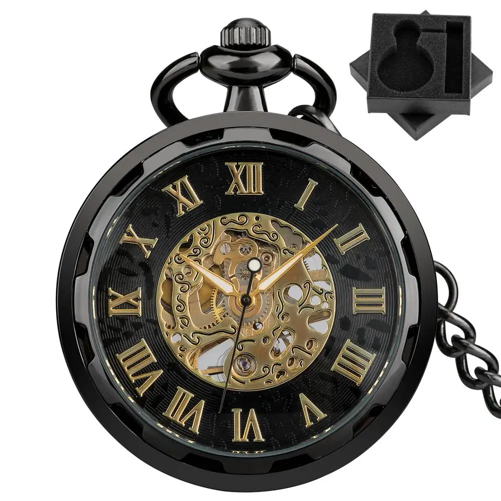 

Ретро черные механические карманные часы с ручным заводом с открытым лицом, золотые римские цифры, указатели, дисплей, брелок-цепочка, кулон, часы, подарок