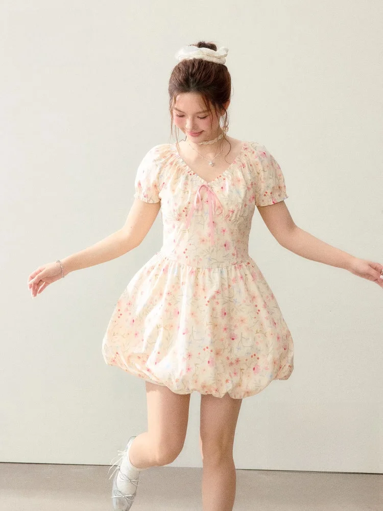 

Летнее платье больших размеров с цветочным принтом и высокой талией, силуэт трапециевидной формы, корейский Sle Commute V-Ne ort Sve Vaion Beachy Look