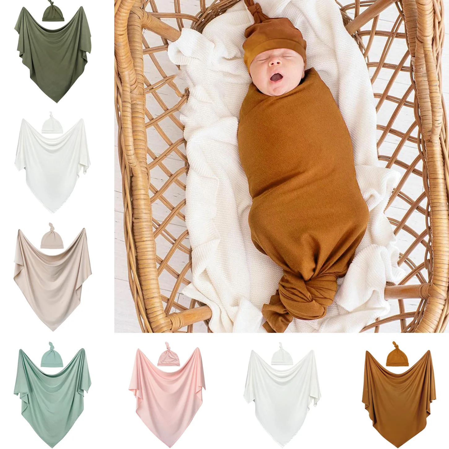 2 Pcs Swaddle Blanket and Hat Set Newborn Swaddle Wrap Baby Wrap Blanket for Baby Boy Girls