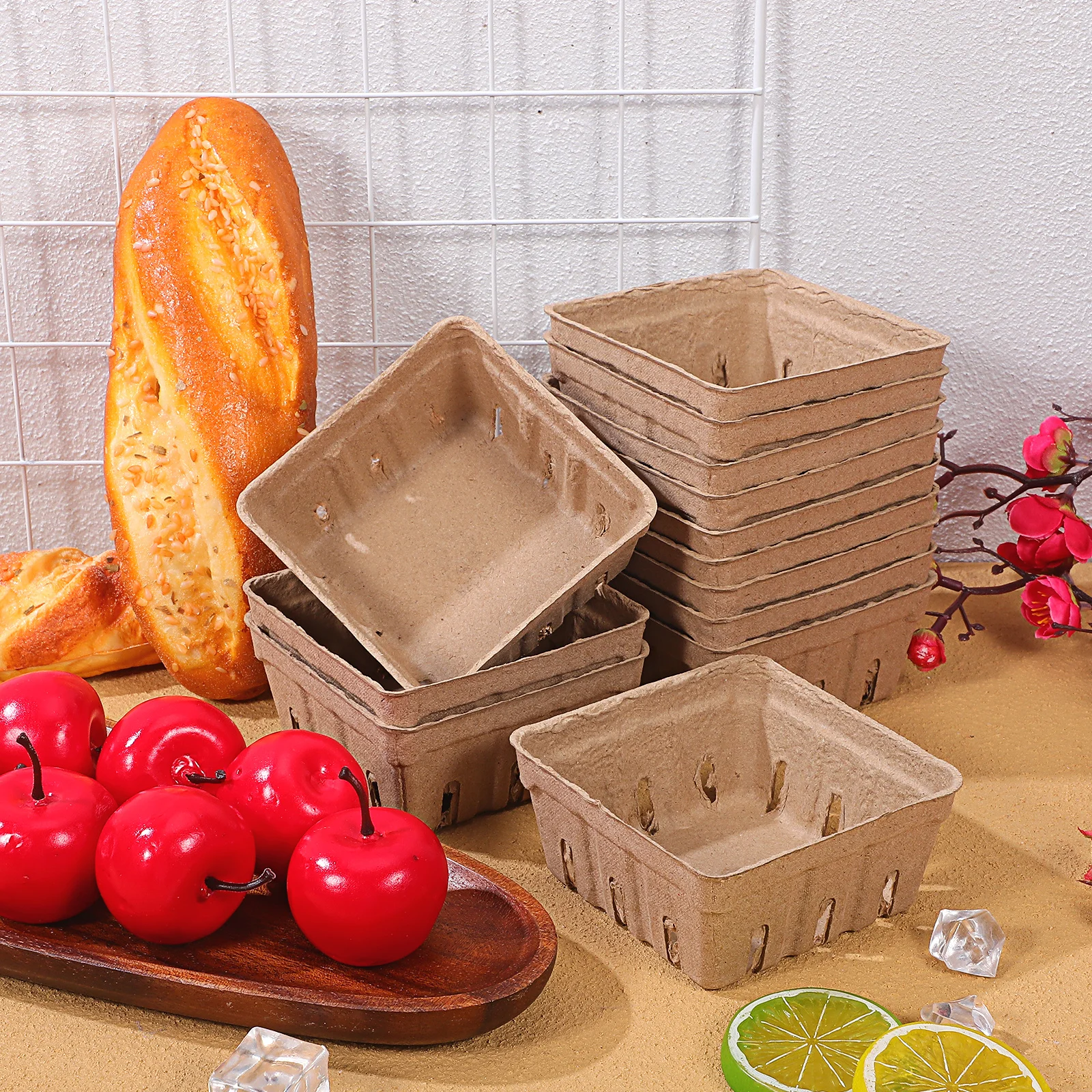 50 szt. Koszyczki z pulpy papierowej na owoce, lekkie tacki do przechowywania owoców, organizer na truskawki, warzywa, przekąski, dekoracja kuchenna do domu