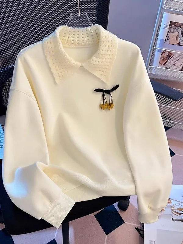 Damska bluza z podszewką, ocieplana, z kołnierzykiem, luźna, w stylu lazy, top na jesień i zimę, designerska, wersja koreańska, długi rękaw.