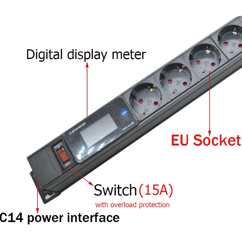 Tira de alimentación PDU para gabinete de red, USB + tipo C, 2/3/4/5/6/7 vías, enchufe europeo con interruptor, amperímetro, voltímetro, interfaz C14