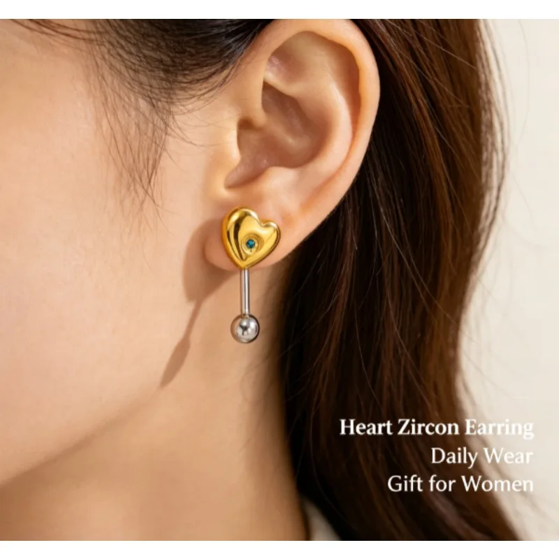 Aesthetically refined heart-shaped spiral stud earrings, blue zircon pierced jewelry, trendy must-have earrings for women.