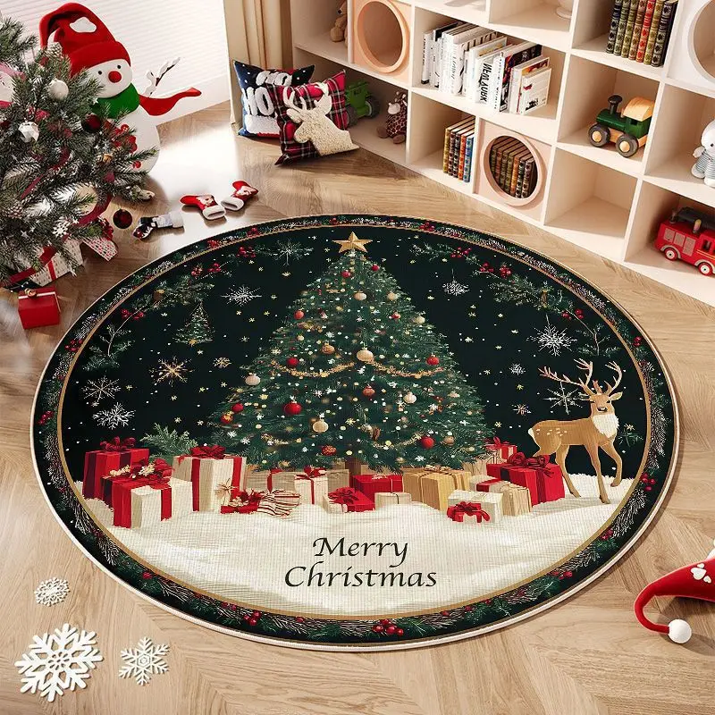 Round Area Rug Flannel Christmas Stockings Gift Box Floor Mat for Living Room Under Christmas Tree Holiday Decor Circle Carpet