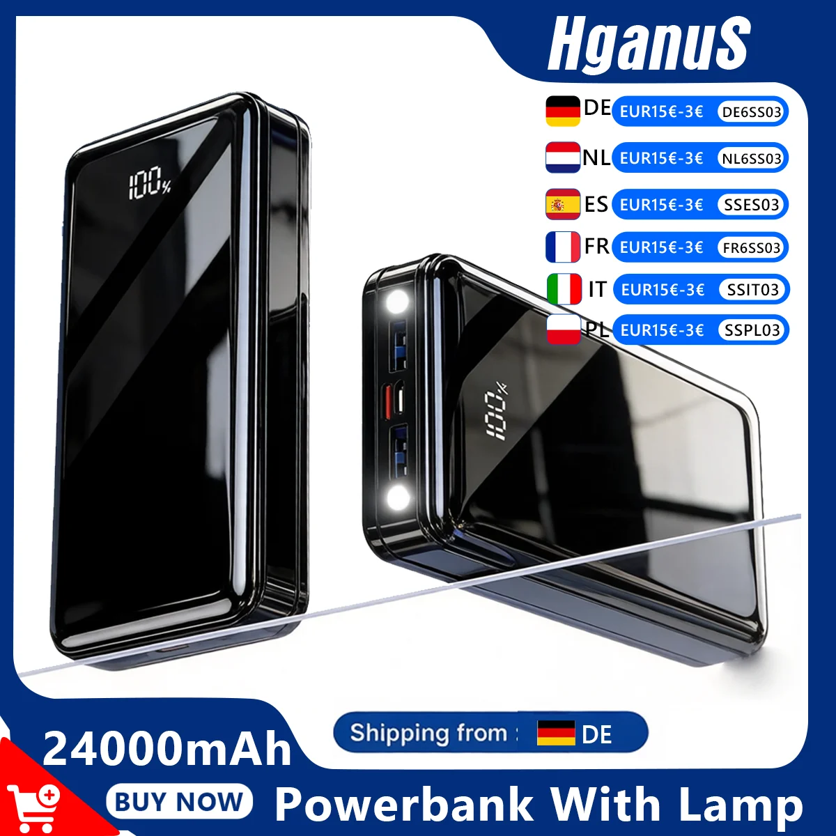 Hganus 24000mAh Tragbare Powerbank mit Dual-LED-Taschenlampe, 22,5W PD Schnellladung, USB Typ-C Anschlüsse, Externer Akku