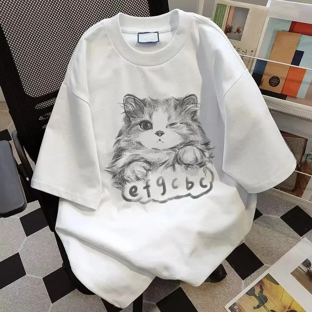 

Kawaii Cat Printed Women T-Shirt Harajuku Summer Short Sleeve T Shirt Female Fashion White Clothing Unisex Streetwear Tops