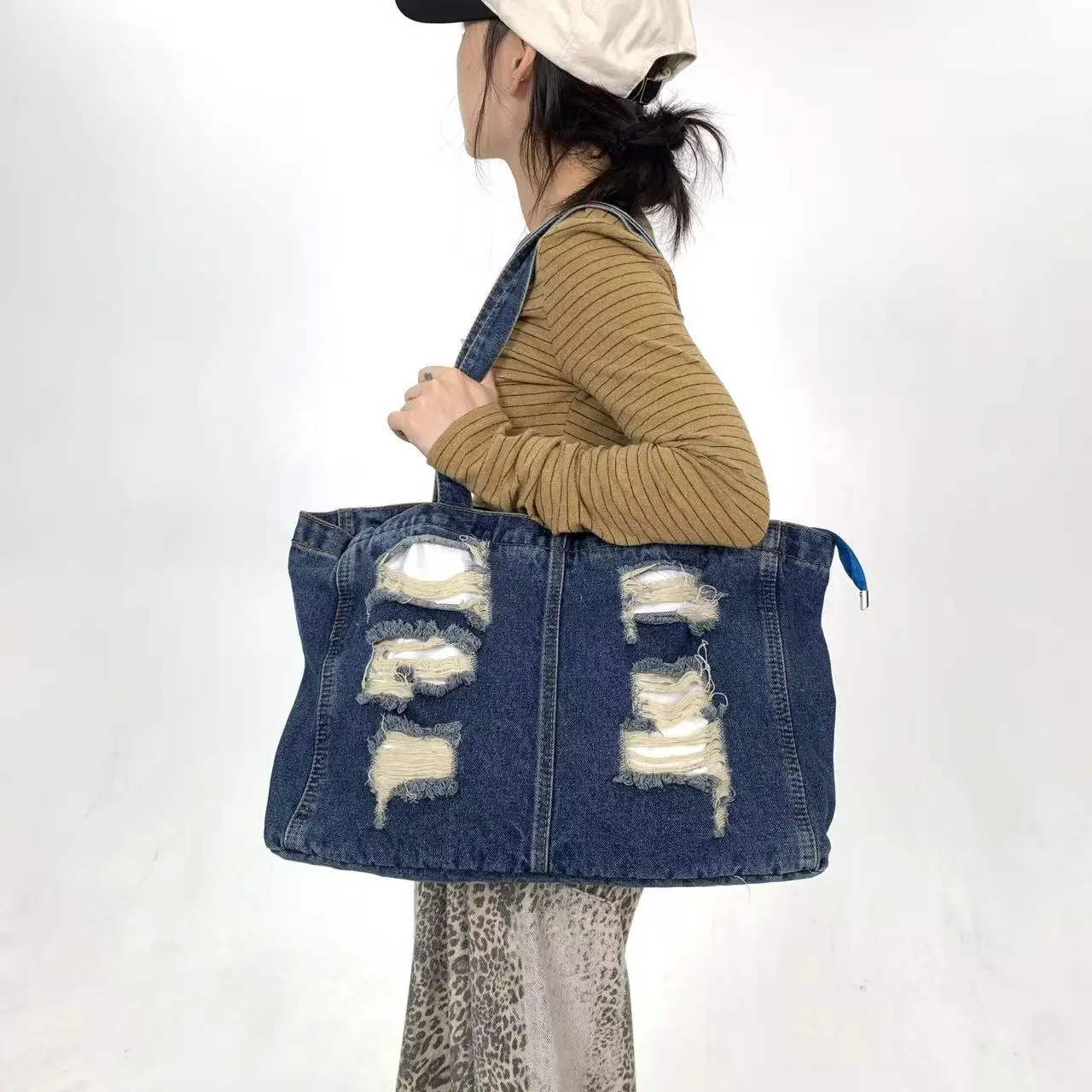 

Fashion Casual Women Tote Bag Handbag High Quality Denim Fabric Woman Shoulder Bag Large Capacity Design Women's Shopping Bag