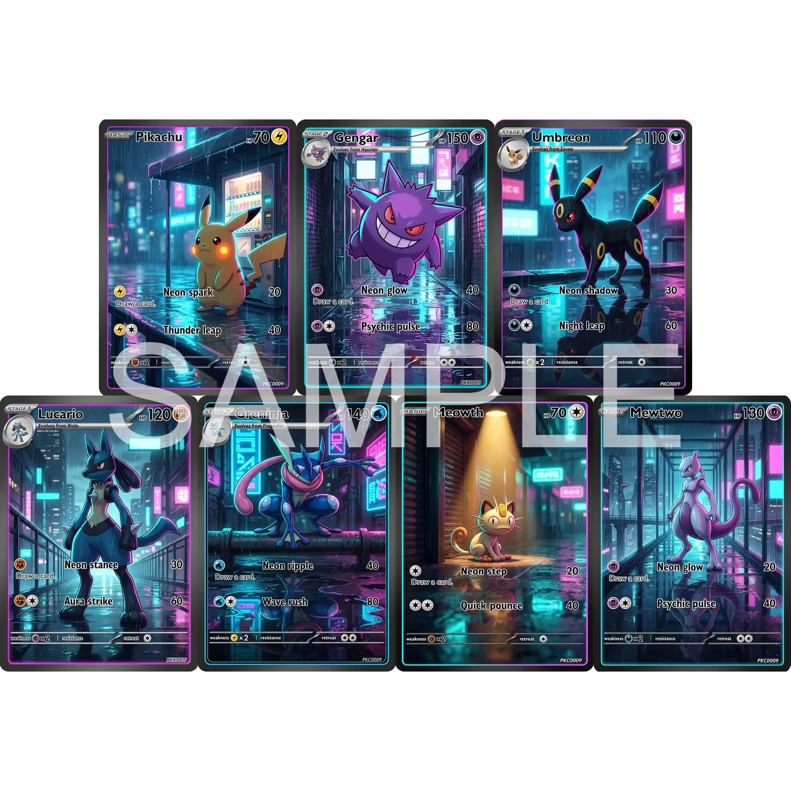 7Pcs PKM Cards PTCG Neon Noir Style Gengar Umbreon Lucario Greninja Meowth Mewtwo Custom Illustrated Art Set Cards PTCG Gift