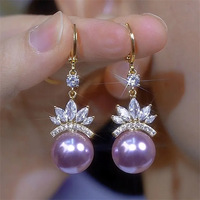 Unique Design Purple Rhinestone Leaf Pearl Pendant Earrings for Women New Elegant Exquisite Temperament Girls Daily Wear Jewelry