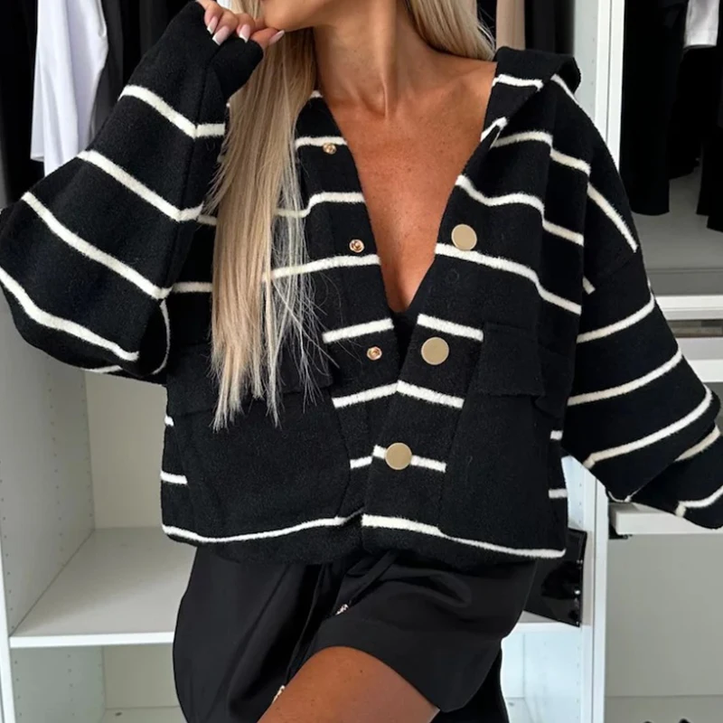 New Striped Loose Long Sleeved Hooded Cardigan Women\'s Fashion Single Breasted Pocket Sweatshirt Winter Thick Soft Casual Hoodie