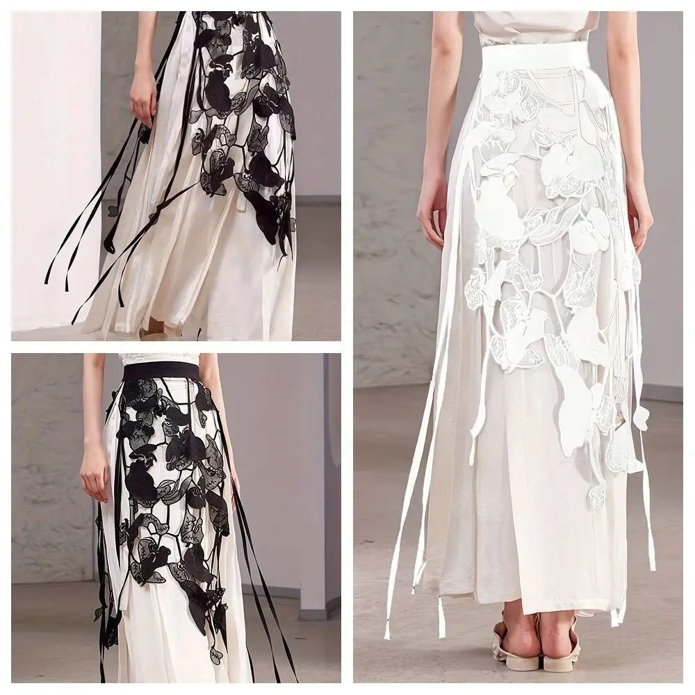 High Waist Lace Midi Skirt Hollow Flower Tassels Embroidered Flower Lace Girdle Belt Harajuku See Through Lace Drawstring Skirt