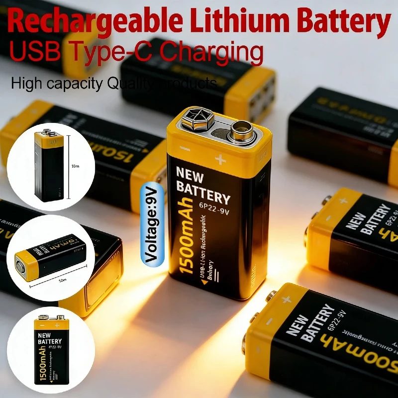 

9V 1500mAh 6F22 USB Type-C Rechargeable Battery Fast Charge for Guitar Pedals RC Toys Multimeters Electronics