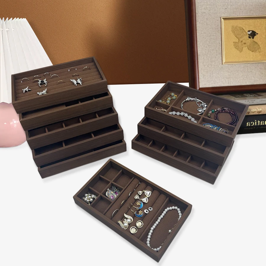 قطعة واحدة، صندوق مجوهرات بنمط خشب الجوز، صينية مجوهرات، مناسبة لتخزين القلائد والخواتم والأقراط وترصيع الأذن #3