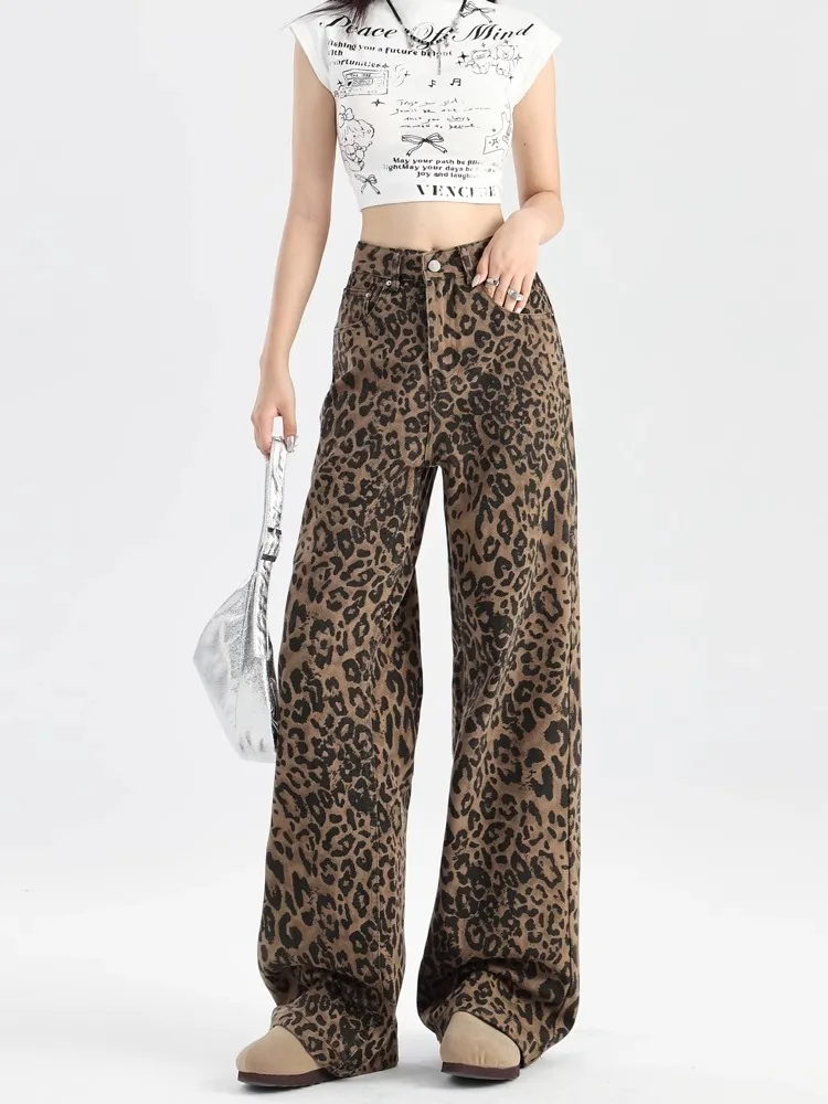 American Style Spicy Girl Leopard Print Wide Leg Jeans With Women'S Design Sense, High Waist Retro Loose Straight Leg Mop Pants