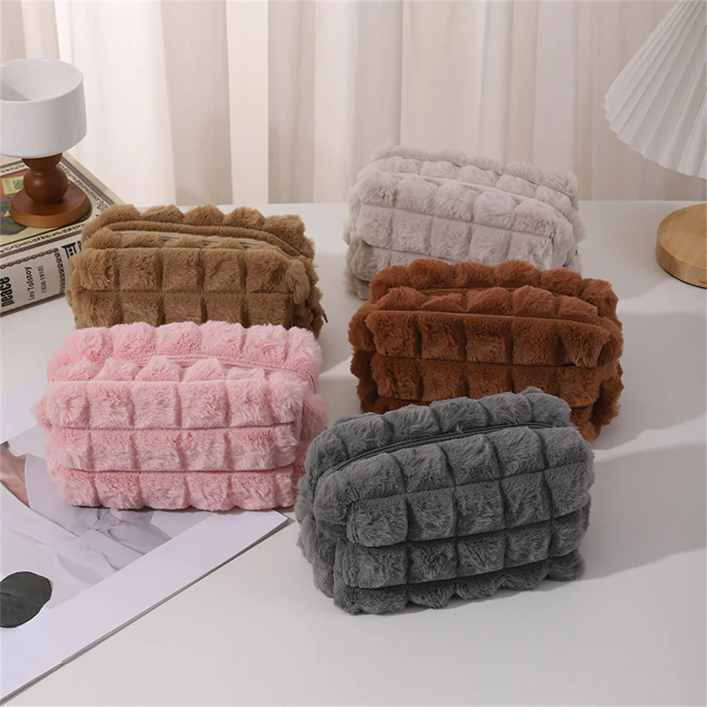 Cute Plush Travel Cosmetic Lipstick Brush Storage Bag Toiletry Kit Women Kawaii Makeup Handbags Organizer Pouch Bags Pencil Case