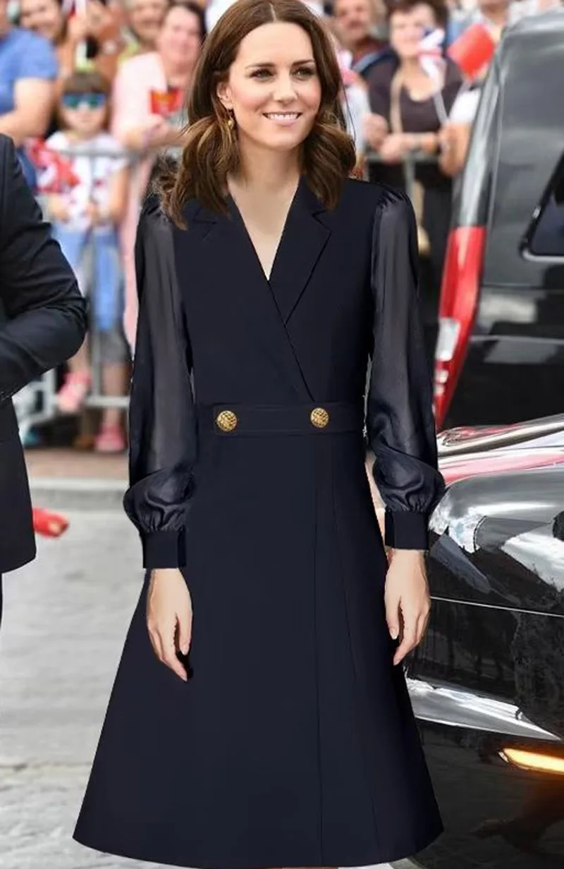 High Quality Elegant Ladies Long Sleeve OL Work Dresses Kate Princess Women Patchwork Pleated Dress Navy Blue