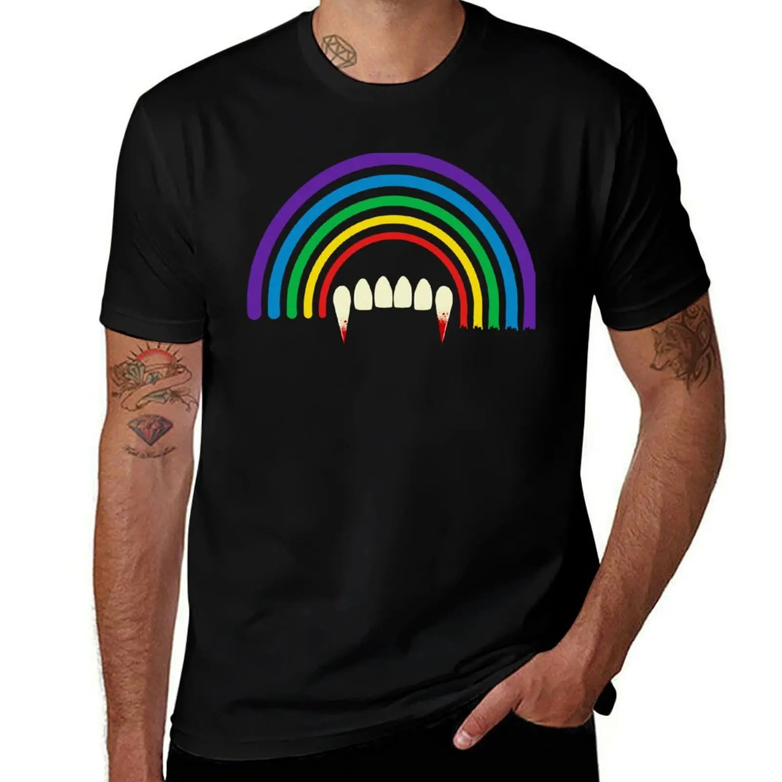 

Gay Vampire Rainbow Vampire Teeth Queer horror fans T-Shirt Work Basic Short Sleeve Top