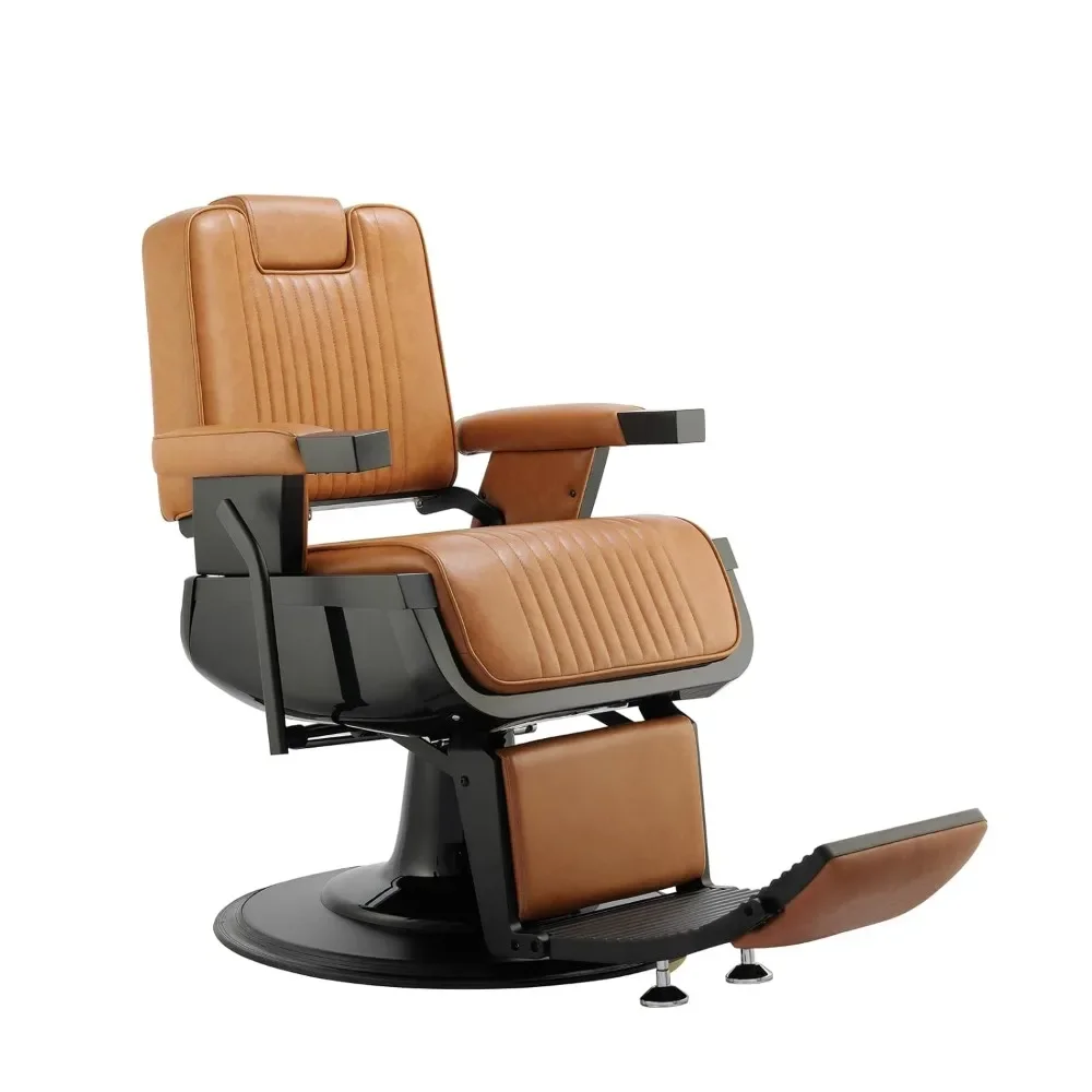 

Heavy Duty Barber Chair Reclining Seat, Hydraulic Barber Chair for Barber Shop Hair Salon, Black Frame Camel Leather