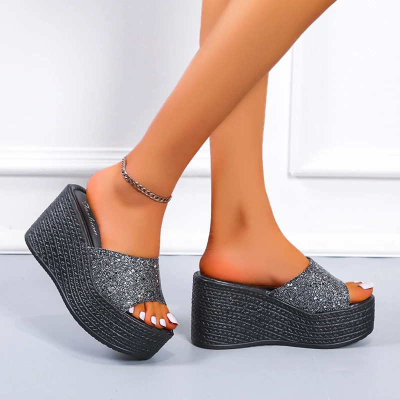 2024 Hot Sale Ladies Shoes Summer Women's Slippers Solid Sequins Open Toe High Heels Water Proof Concise Casual Slippers Women