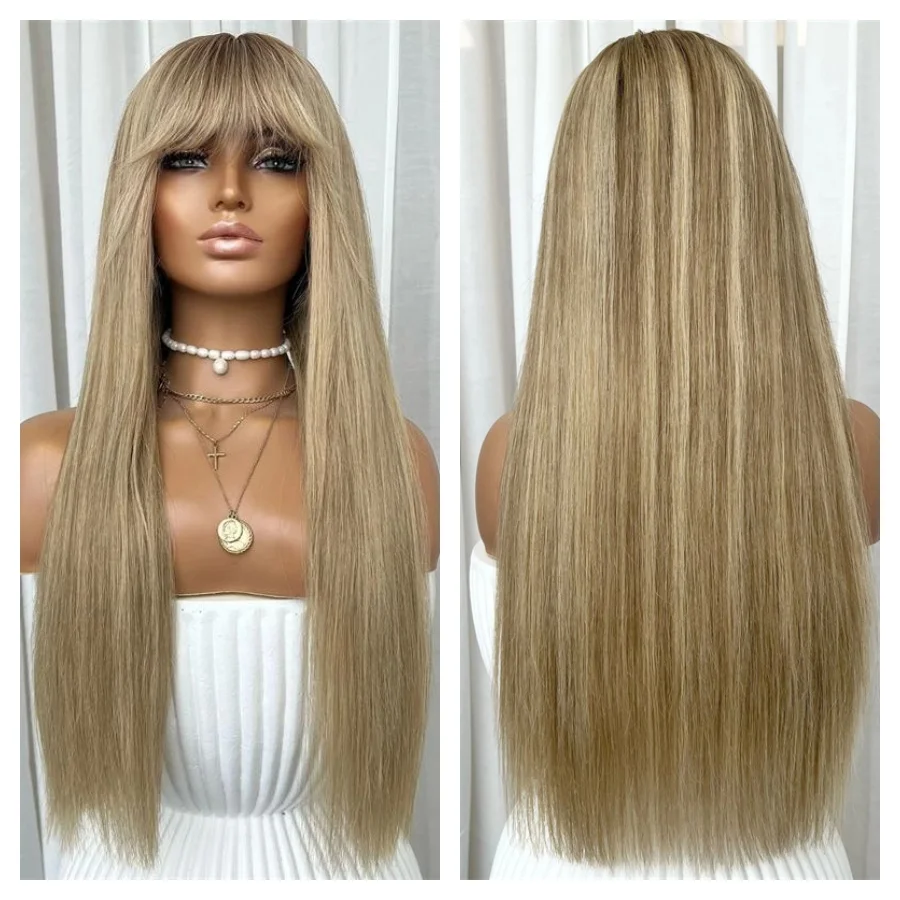 

Fashion Golden Blonde Wig Silky Straight HD Lace Top Wigs with Bangs Natural Honey Lowlights Synthetic Lace Wig Small Large Cap