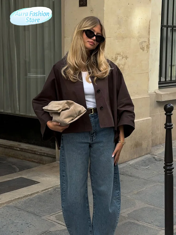

Women's Lapel Solid Irregular Short Jacket Casual Single Breasted Full Sleeve Loose Coats 2025 Autumn New Lady Commute Outwear