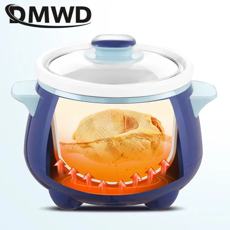 Dmwd panela elétrica doméstica, panela de sopa de 1,2l, mini panela mais lenta, caçarola de mingau, forro de porcelana branca, máquina de café da manhã