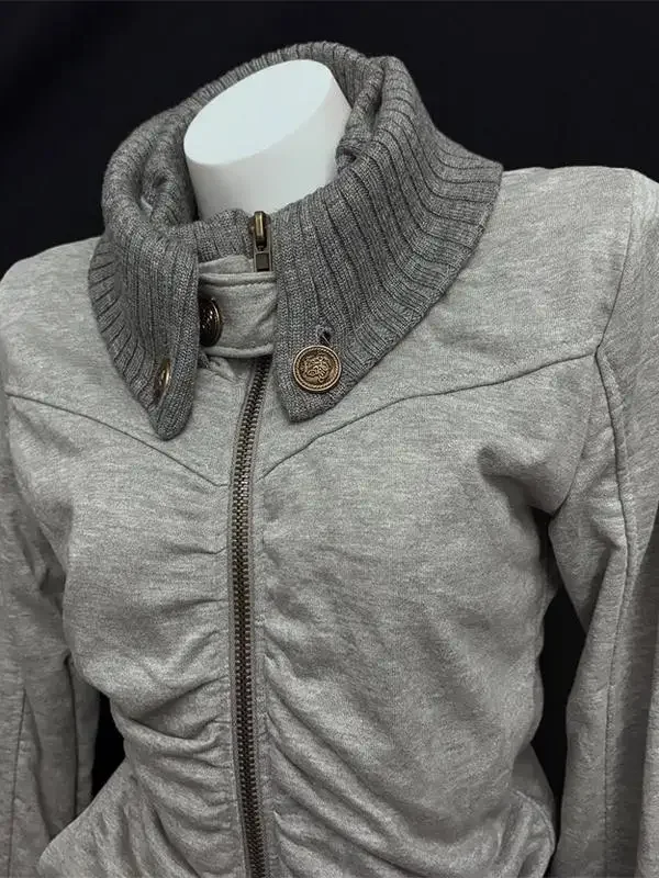 Sudadera con capucha estilo callejero americano Retro plisada con cuello alto y cremallera para mujer, sudadera gris de gran tamaño con puños acanalados, chaqueta estilo Y2K