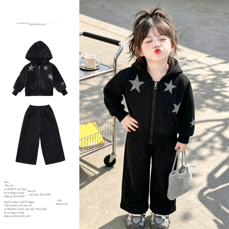 Girls 2Pcs Autumn Outfit Glitter Star Zip Up Hoodie Wide Leg Pants Kids Casual Tracksuit Toddler Girl Fall Clothes Set 90‑140cm