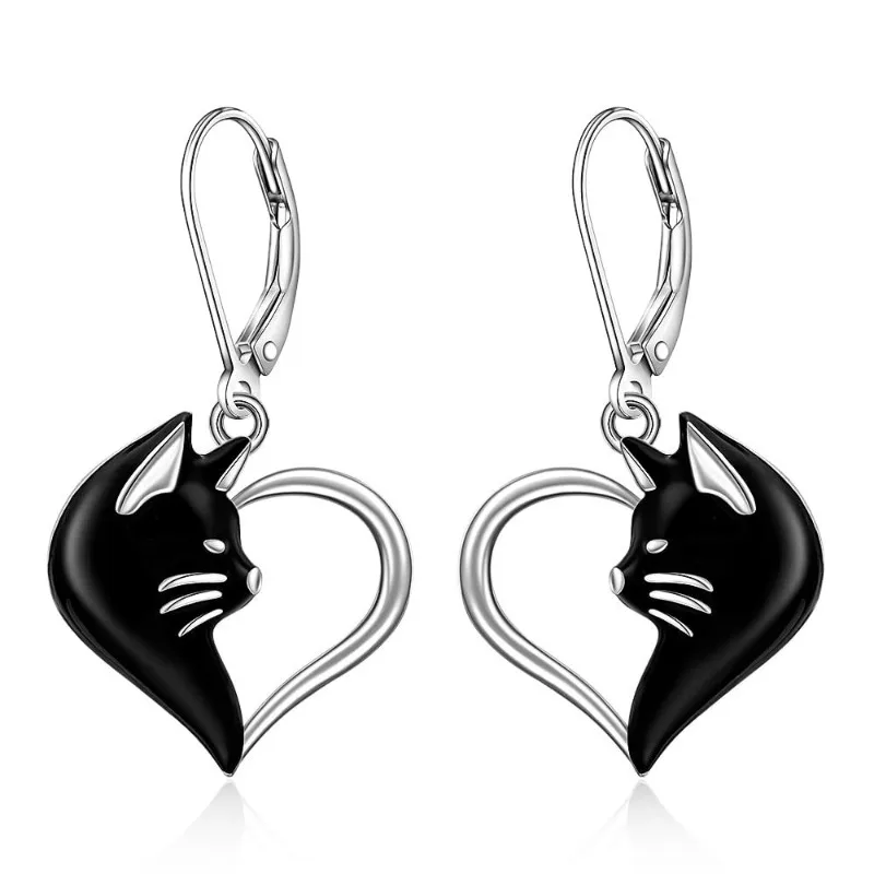 New Retro Punk Style Black Love Cat Earrings Dark Fashion Minimalist Pendants Women's Festival Party Accessories Jewelry Gifts