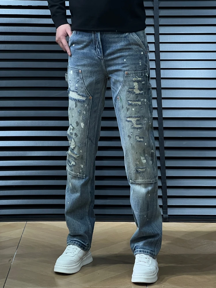 

American High Street Loose Straight Leg Men's Jeans Spring Trendy Splicing Design Casual Loose Handsome Workwear Long Trousers