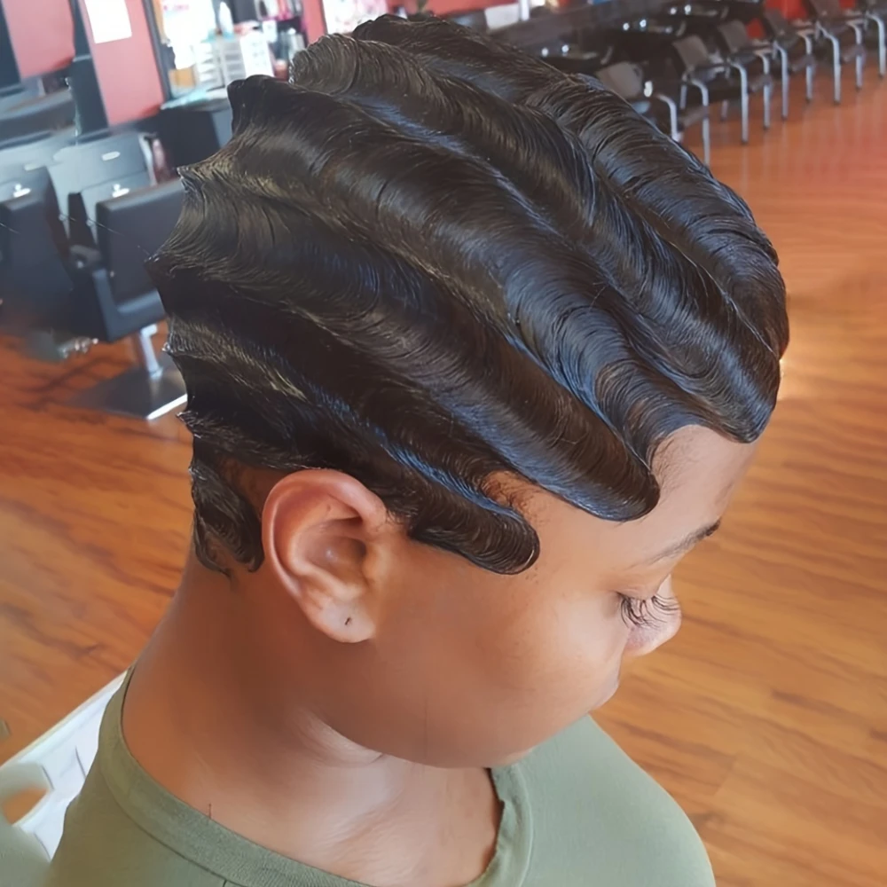 カーリーウェーブフィンガーウェーブピクシーカットウィッグ 女性用 150%密度 6インチ人毛ウィッグ 女性用 フルマシンメイドウィッグ