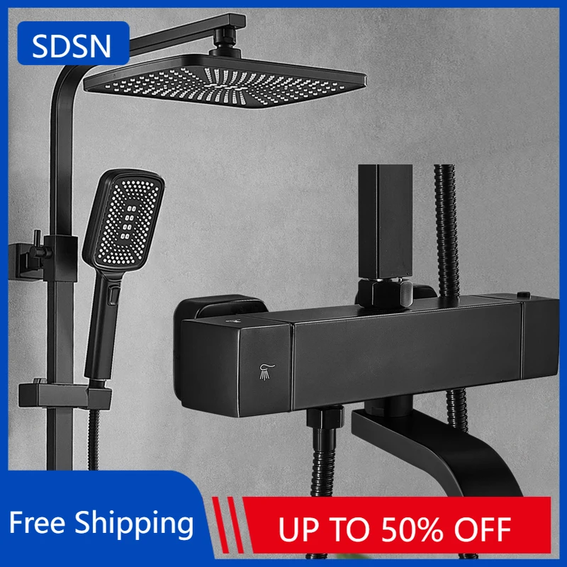 

Black Thermostatic Bathroom Shower System 12 Inch Square Rainfall Shower Head Wall Mounted Thermostatic Bathroom Shower Set