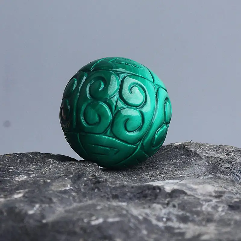 Natural Malachite Stone Carving Pattern Round Shape Loose Beads High Quality DIY Jewelry Accessories 1 Pcs yw54