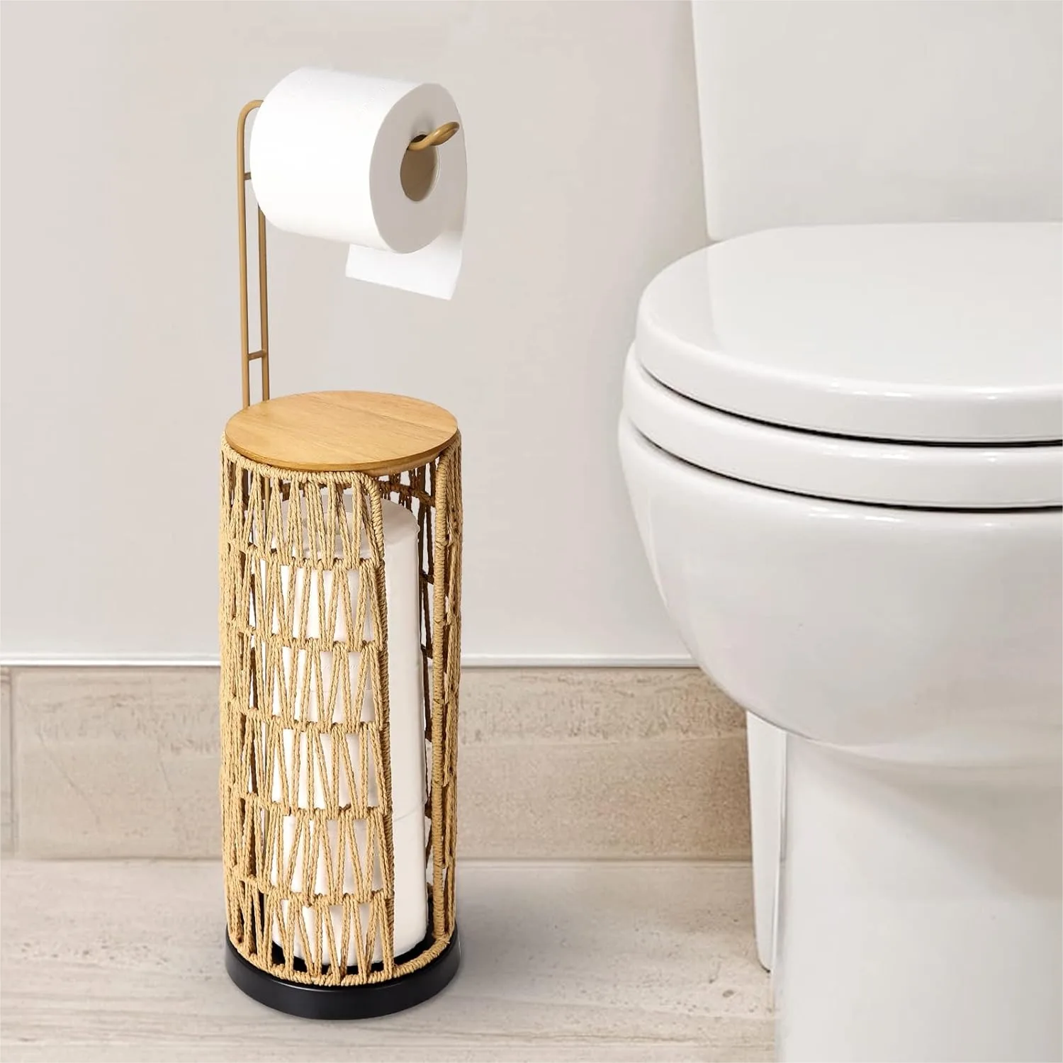 

Freestanding Toilet Paper Holder with Storage, 3 Rolls Tissue Stand for Bathroom, Handmade Woven Rattan Boho Decor