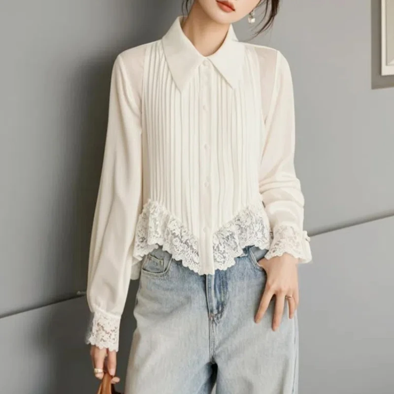 

Spring Autumn New Solid Color Turn-down Collar Long Sleeve Fashion Shirt Women High Street Casual Button Patchwork Lace Cardigan