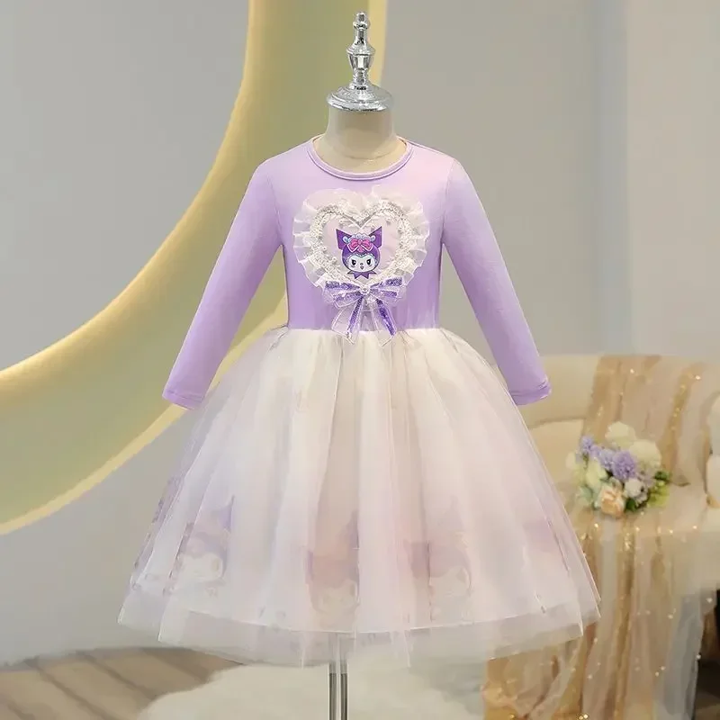 

Sweet Kuromi Anime Sanrio Ins Long Sleeve Dress Spring Autumn Cute Cartoon Children Kawaii Skirt Clothing Gifts for Kids