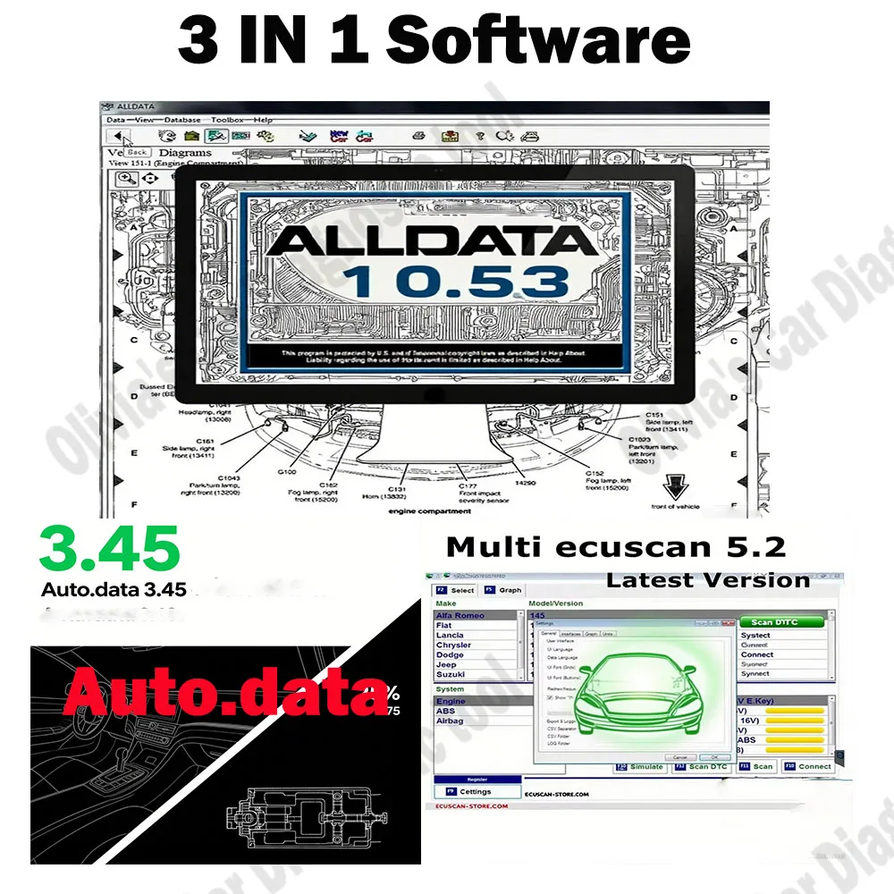 

AutoData 3.45 Diagnostic Tool + Alldata 10.53 Car accessories Software+ Multiecuscan V5.2 OBD2 Scanner Multi Ecu work for ELM327