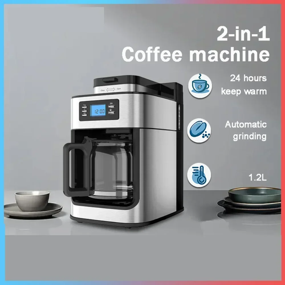 2 In1 Coffee Maker Kitchen Automatic Coffee Machines Drip LED-Display Electric Bean Grinder Keep Warm Home Appliance