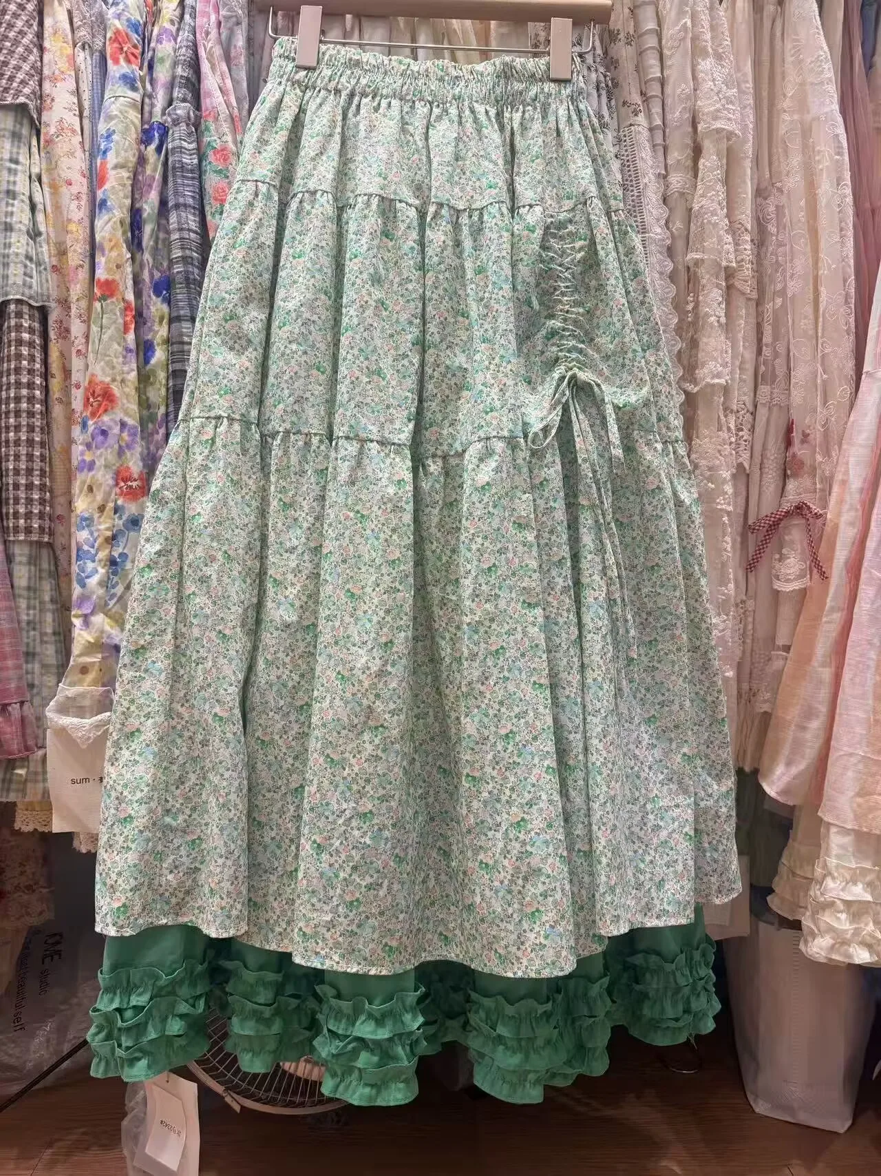 Green Color Spring Summer Girl Women  Vintage Cotton Midi Skirt Mori Girl Lolita Korean Sweet Goblincore Long Skirt